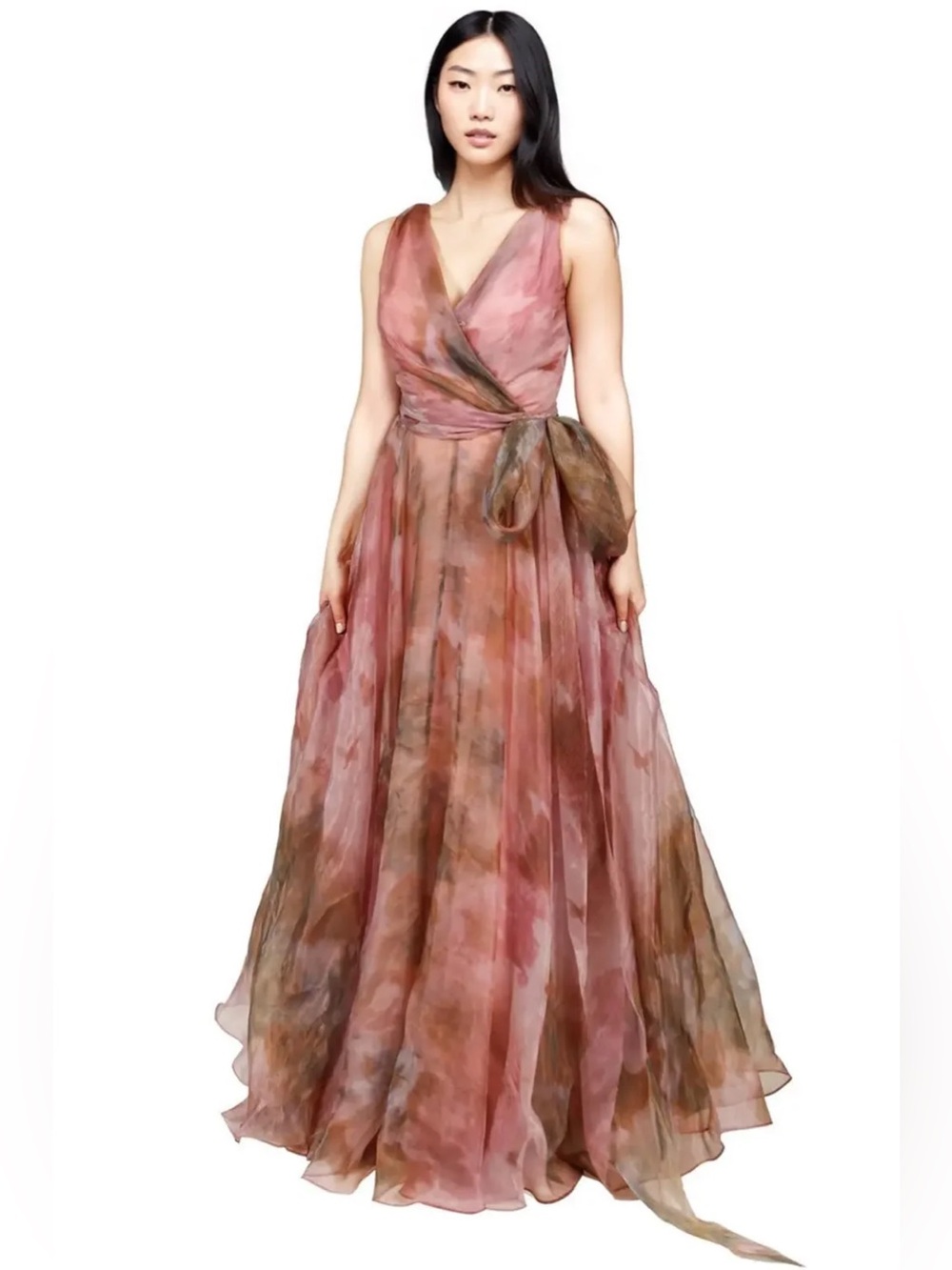 Rene Ruiz Collection Pink Sleeveless V-Neck Floral Watercolor Wrap Gown
